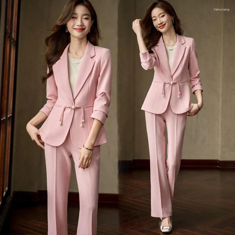Chinese Style 2-Piece Women's Pants Suit, Elegant Buckle Overalls For Business Or Casual Wear