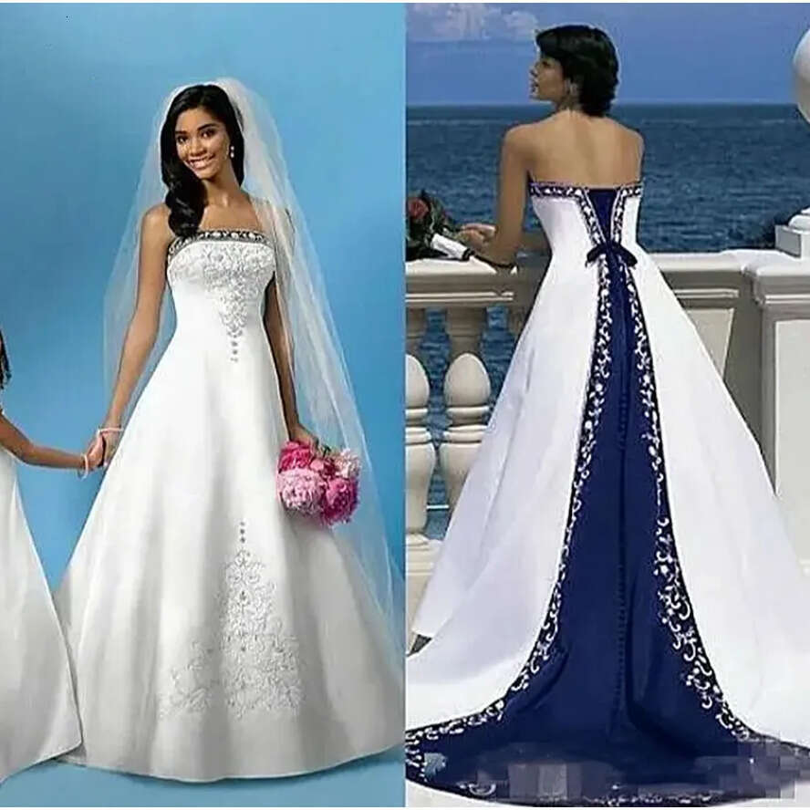Dress Wedding Vintage Embroidery Navy Blue And White A E Strapless Sleeveless Long Satin Bridal Gown Court Train Arabic Boho Reception Formal Dresses 