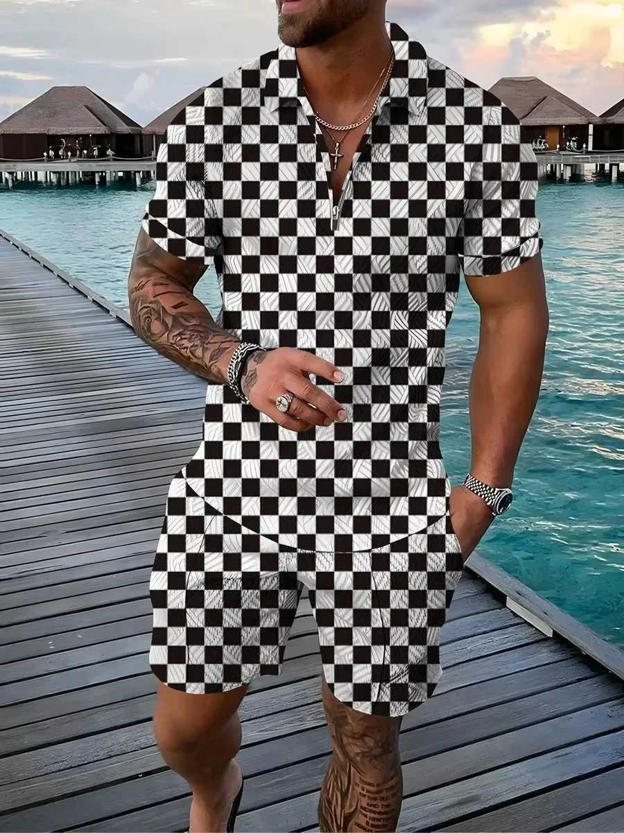 Flower and plant 3D printing summer mens sportswear set casual zipper collar shirt and shorts 2-piece set holiday style clothing W241104