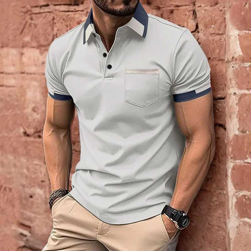 2024 new mens casual shirt chest pocket V-neck button stripe splicing solid color lapel mens slim fit shirt W241104