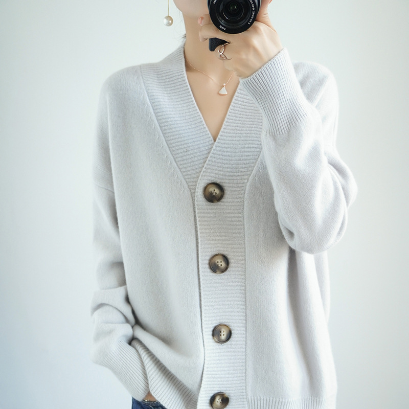 Autumn And Winter New Solid Color V Neck Knitted Cardigan For Women Lazy Style Loose Large Size Simple Sweater Coat Outer Top F1105#42