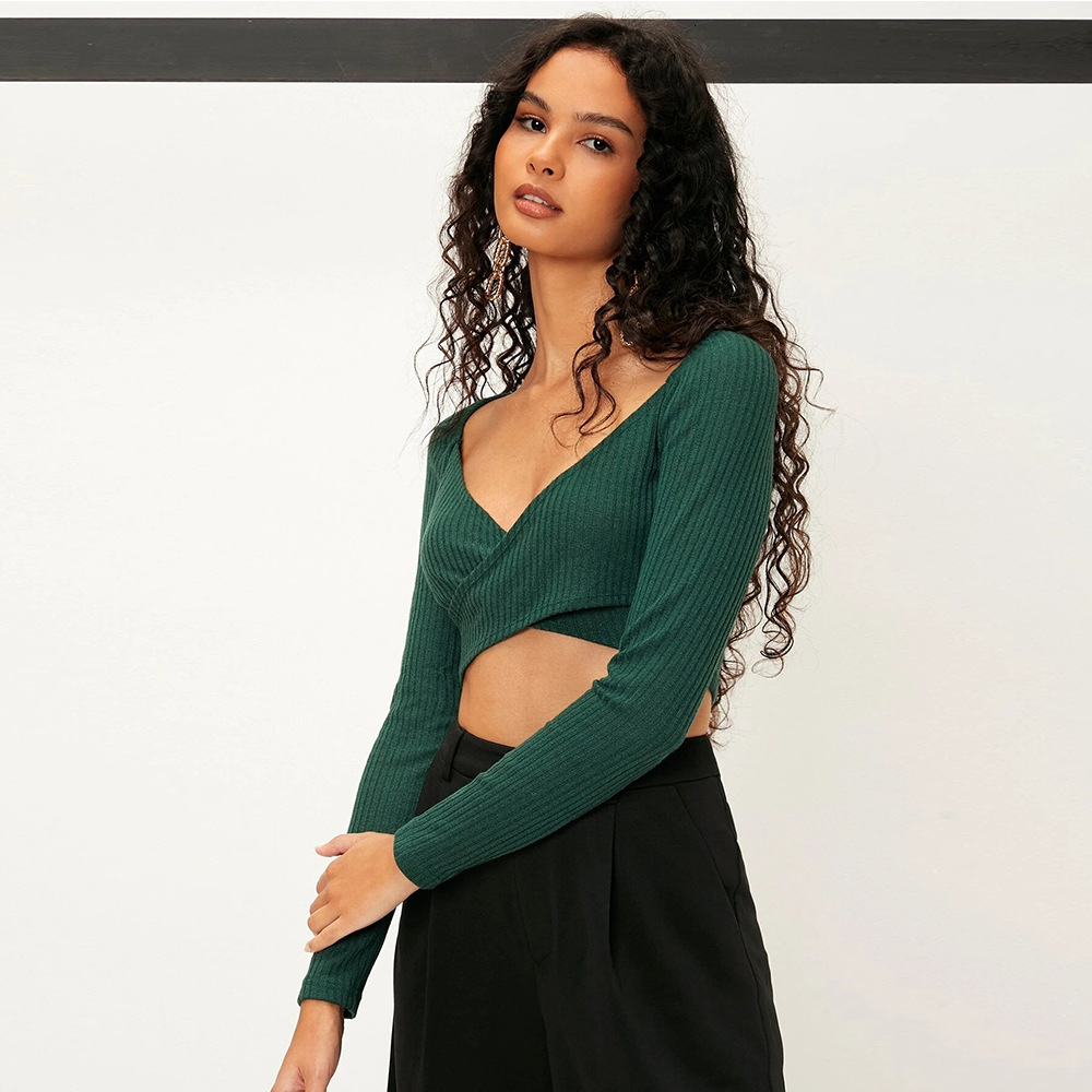 Spring Summer Ins Sexy Umbilical V-Neck Top Women's Solid Color Versatile Slimming Bottom Knitted T-Shirt
