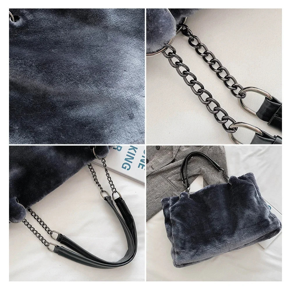 HISUELY Faux Fur Tote Bag Winter Plush Women Shoulder Bag Casual Lady Handbag Female Chain Larger Capacity Travel Shopping Bag 241104