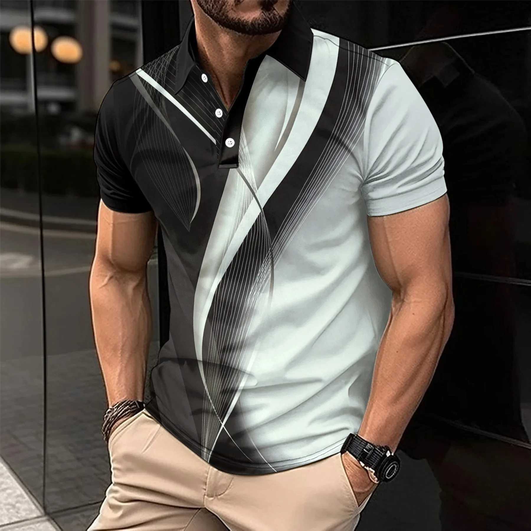 New 3D printed mens lightweight luxury casual high-quality shirt with lapel buttons business matching color breathable T-shirt W241104