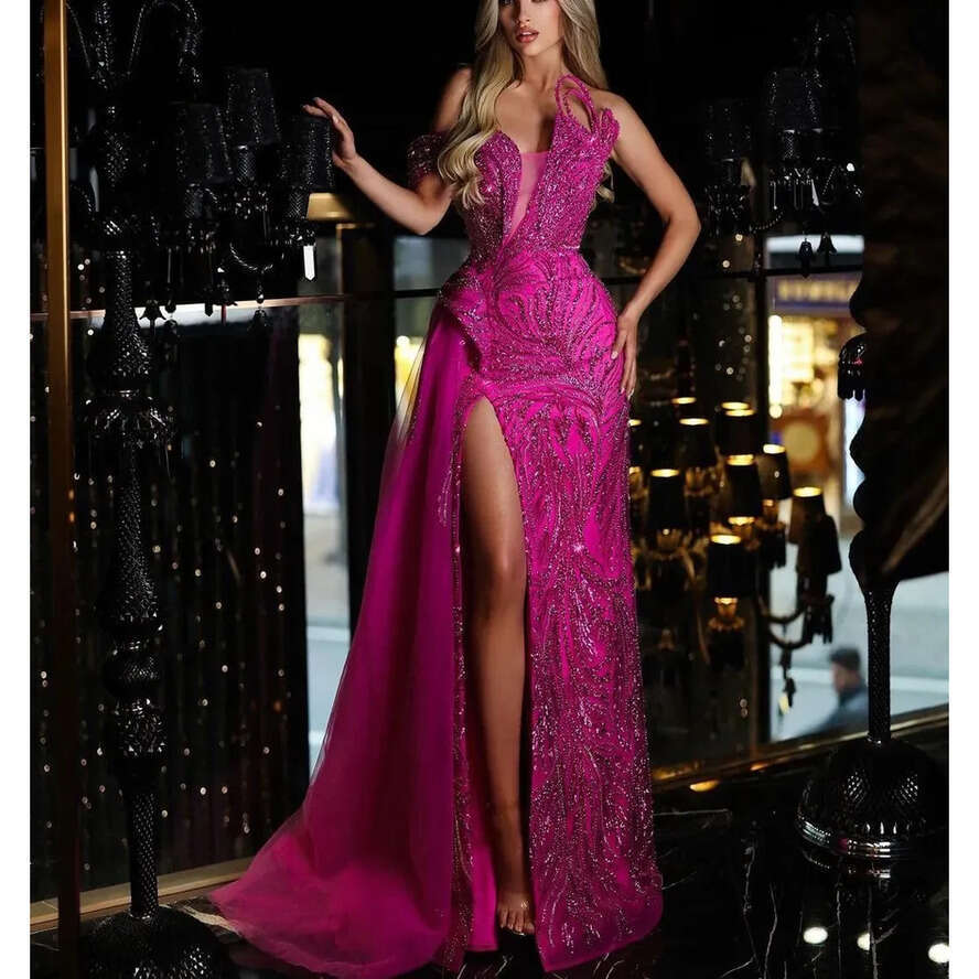 Pink Rose Mermaid Evening V Neck Appliques Sequins Or Length D Lace Side Slit Beaded Sparkly Prom Dress Formal Plus Size Dresses For Special Ocns