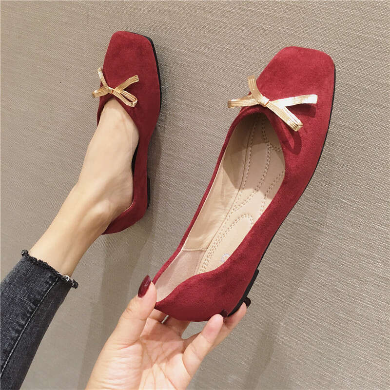 2023 Korean Edition New Solid Color Versatile Daily Red Toast Dress Heel Suede Square Head Shallow Mouth Soft Bottom Flat Shoes