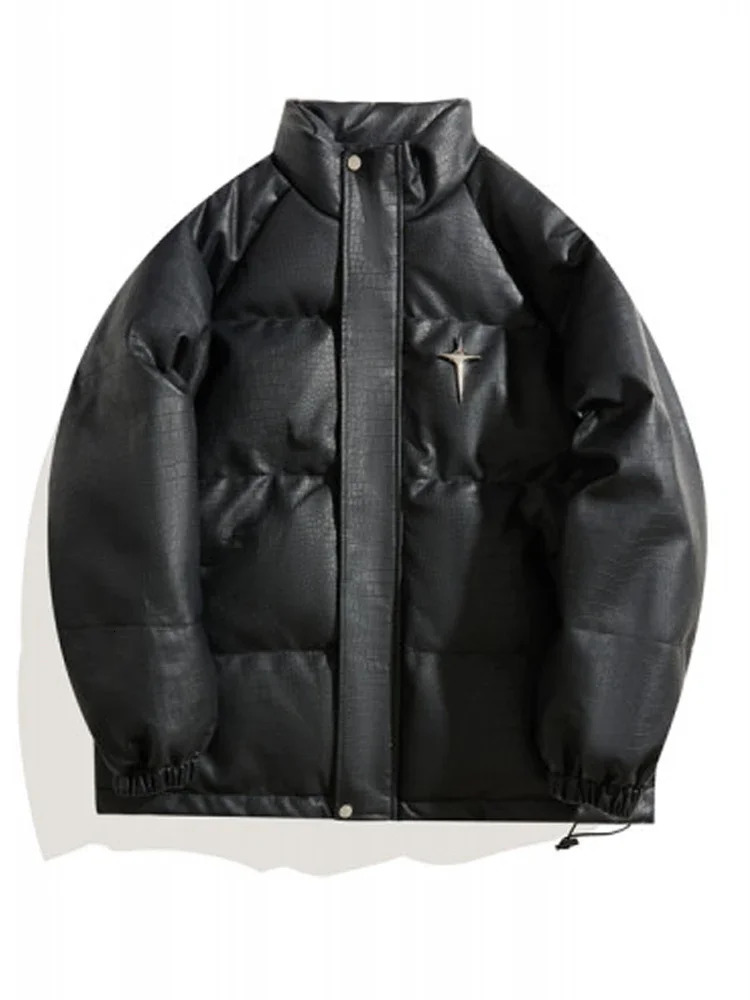 City Couple Down Jacket Winter PU Leather Jacket Pattern Fashion Preparatory Stand Collar Bread Jacket Mens Apron Jacket 241104