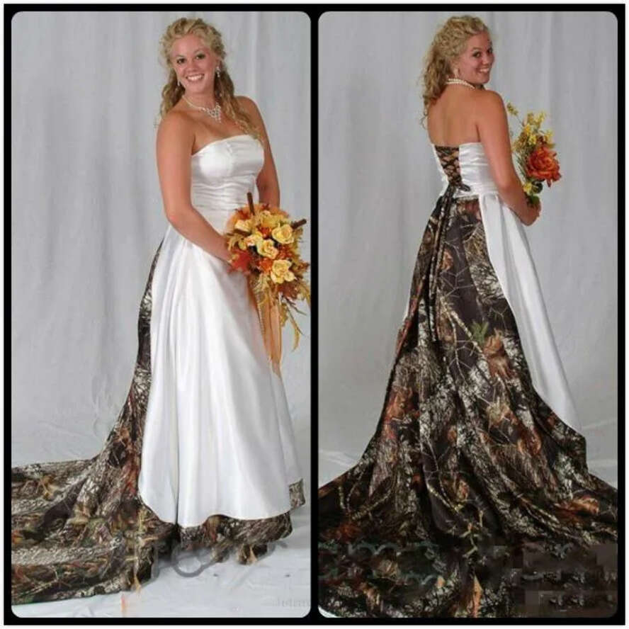 Strapless A New E Weddinf Dresses Simple White Print Lace Up Back Sweep Train Country Garden Wedding Bridal Gown Custom Made