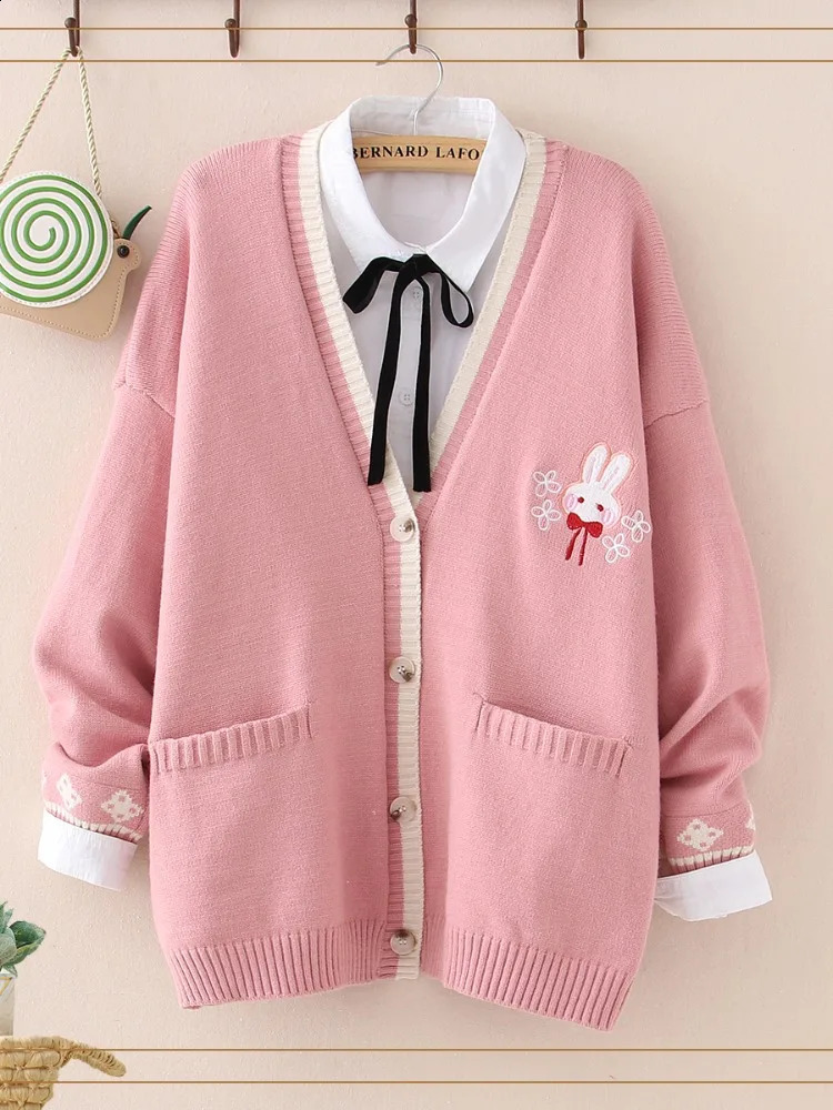 Autumn Korean Mori Girl Sweet Sweater Lolita Cute Bunny Embroidery Knitted Top Japanese Women Long Sleeve Cardigan Coat Knitwear 241105