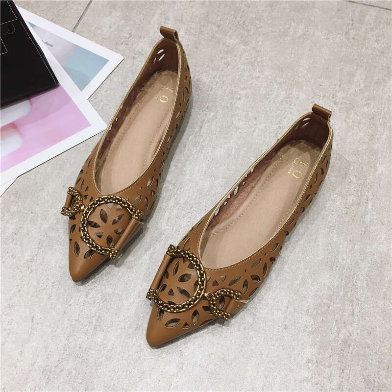 Korean Style Fashionable Versatile Metal Buckle Pointed Shallow Mouth Hollow Flat Bottom Single Order Grandma Breathable Scoop Shoes For Women