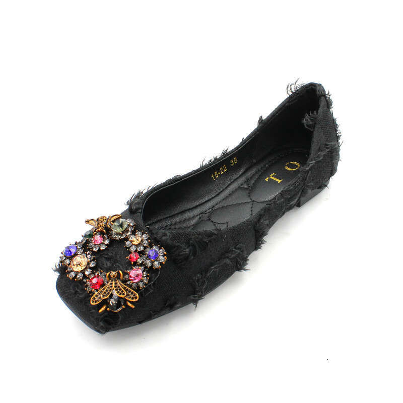2023 Autumn New Fashionable Versatile Water Diamond Buckle Square Head Cloth Flat Follow For Women Soft Bottom Bean Shoes