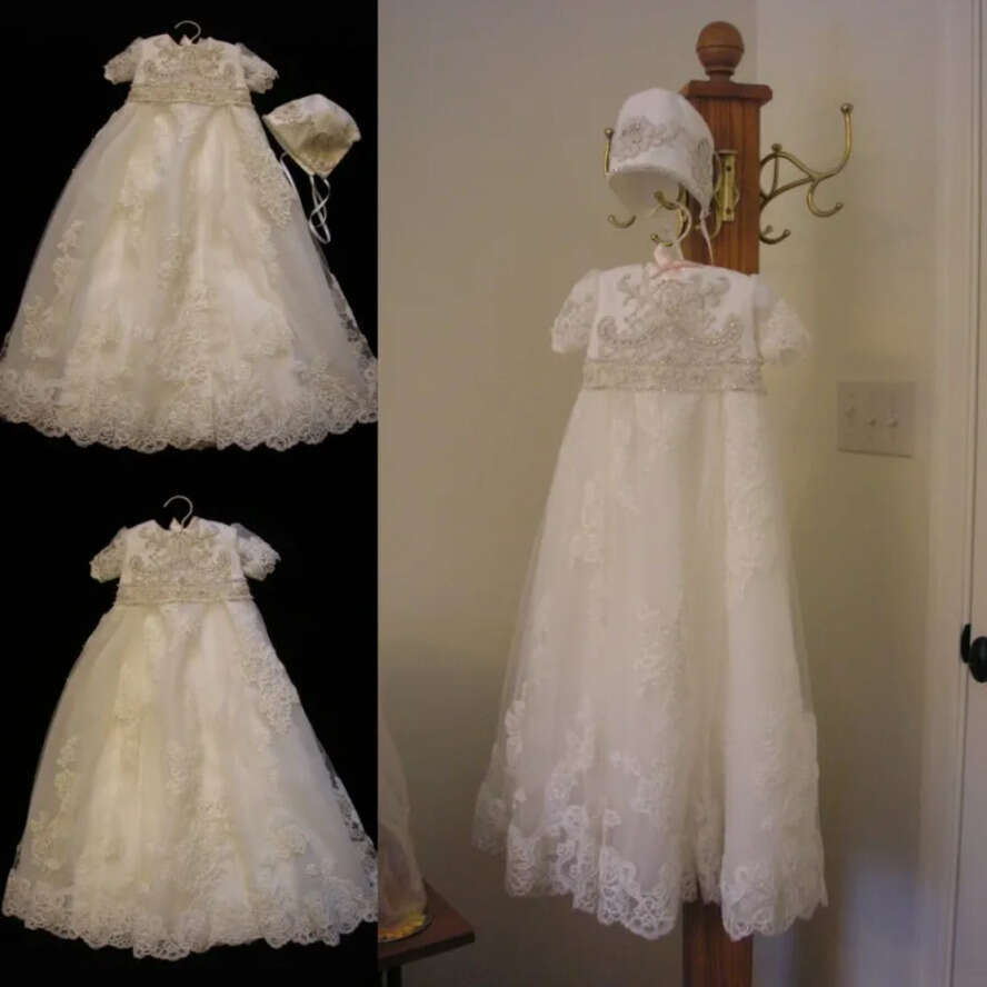 Sale Toddel Hot Christening Gowns Baby Jewel Neck Lace Applique Pearls Baptism Dresses Wer Girls Dress For Weddings With Bonnet