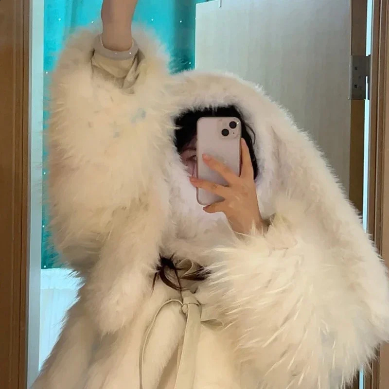 Womens Fur Balaclava Hat Cute Rabbit Ears Plush Winter Warm Thickened Anticold Scarf One Threedimensional Doll Cap 241105
