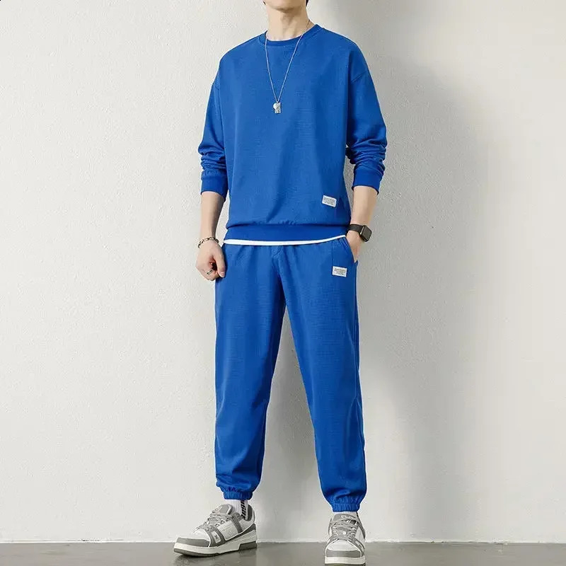 Spring Autumn Long-sleeved Suit Mens T-shirt Casual Set Clothes Solid Color Loose Autumn Sweatshirts Set Men Clothes 241105