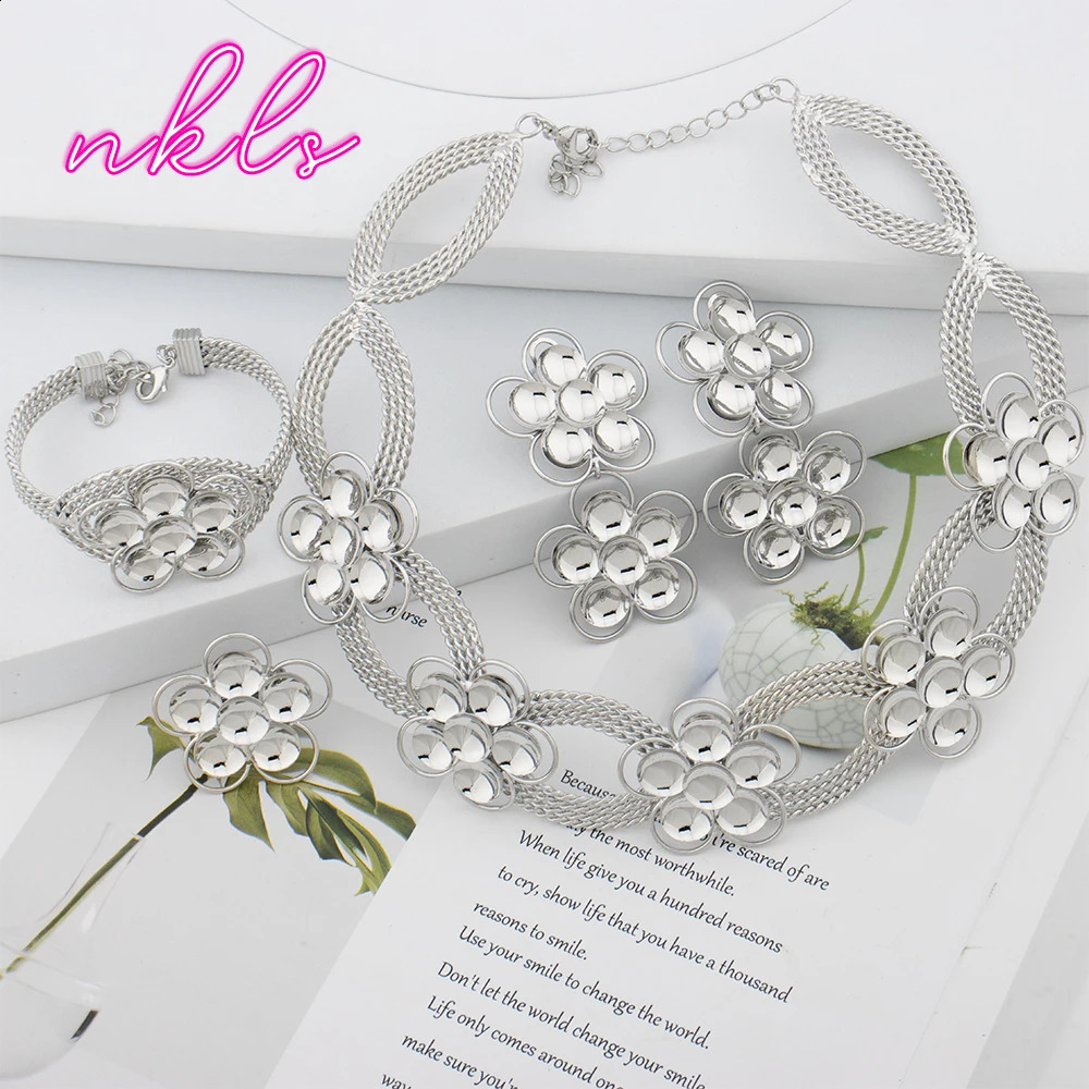Brazilian Flower Necklace Jewelry Set Earrings Bangle Ring Set Dubai Gold Color Jewellery Set Wedding Accessories Gifts 241105
