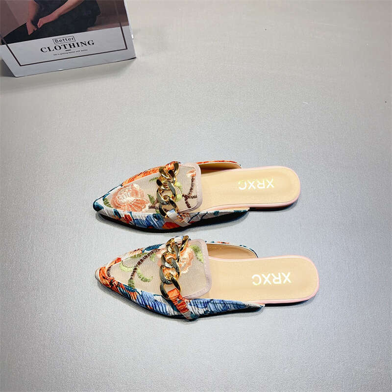 Baotou Half Slippers Women's Ins Korean Edition Season New Fashionable Versatile Flat Bottom Lazy Embroidered Muller Shoes