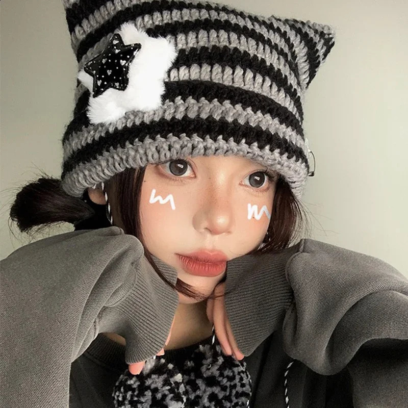 Y2K Cute Star Devil Knitted Beanie Hat Ins Skullies Striped Knitting Wool Cap Autumn Winter Cat Ears Pointed Pullover Women Hats 241105