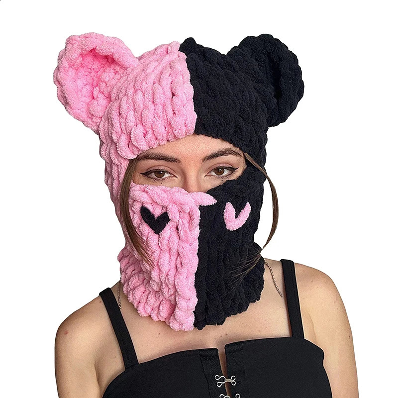 Funny Ears Knitted Hat Beanie Contrast Color Heart Creative Fall Winter Warm Full Face Ski Facewear Caps Windproof for Women 241105