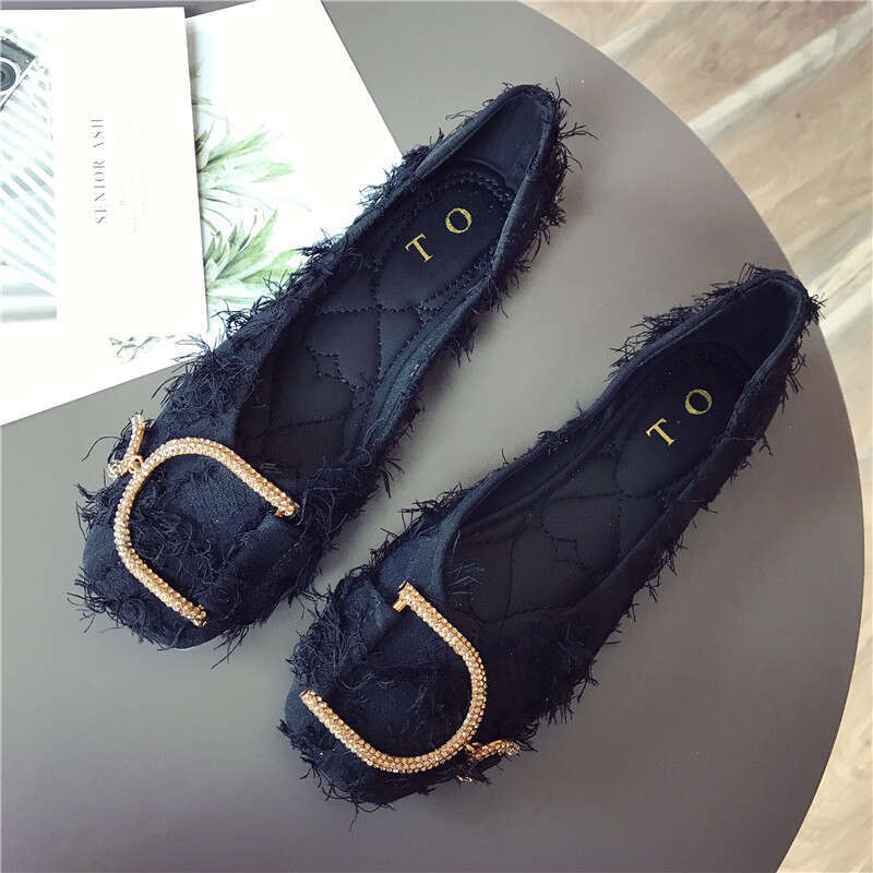2023 Autumn New Water Diamond Versatile Cloth Face Square Head Shallow Mouth Flat Single Soft Bottom Pregnant Women's Scoop Shoes