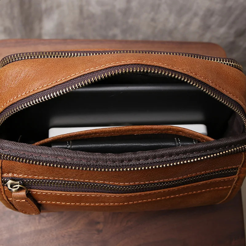 Summer Youth Horizontal Retro wearing top layer denim ten font phone bag mens leather casual simple shoulder bag 241105