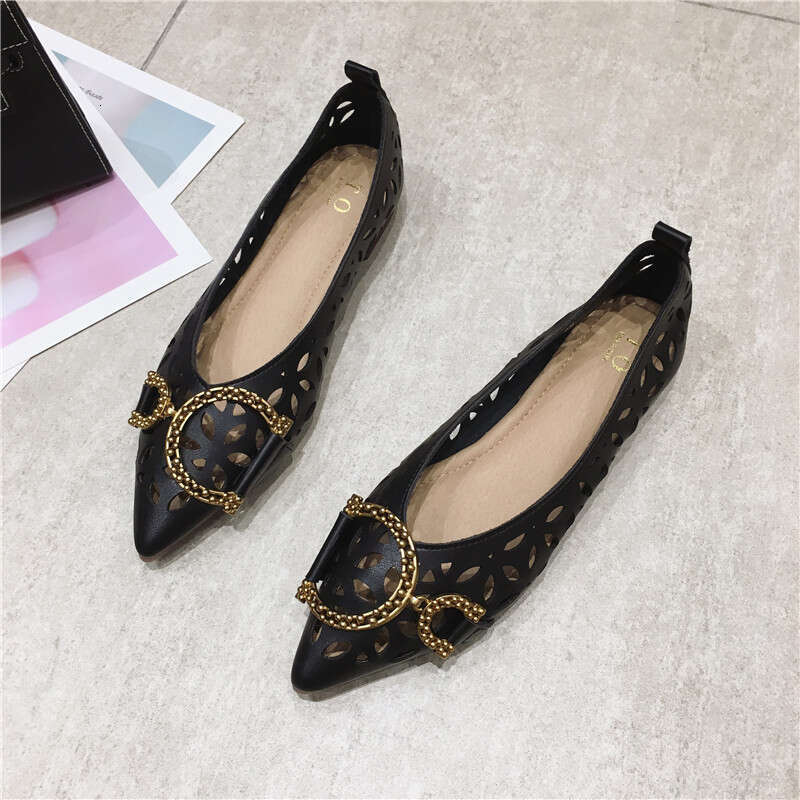 Korean Style Fashionable Versatile Metal Buckle Pointed Shallow Mouth Hollow Flat Bottom Single Order Grandma Breathable Scoop Shoes For Women