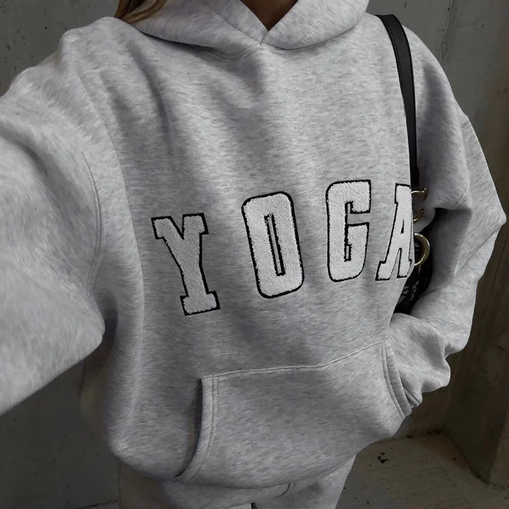 Arrival oversize Crossborder Hoodie Sweatshirt for Women Grey Embroidered YOGA Letter Print and Loose Fit 241104w - view 5