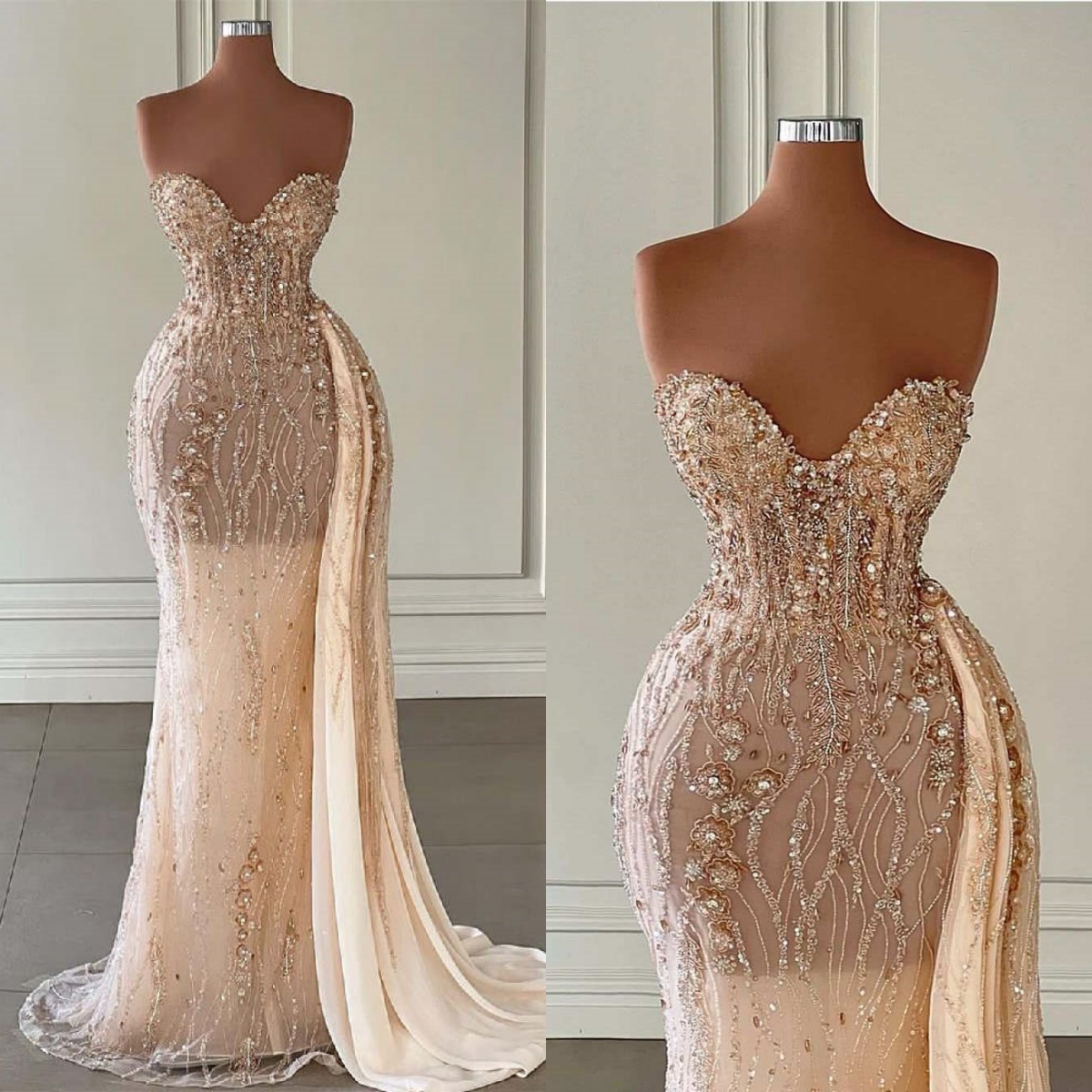 Graceful Strapless Prom Dresses Mermaid Sleeveless Crystal Evening Gowns Sequined Lace Side Train Customized Formal Party Dress