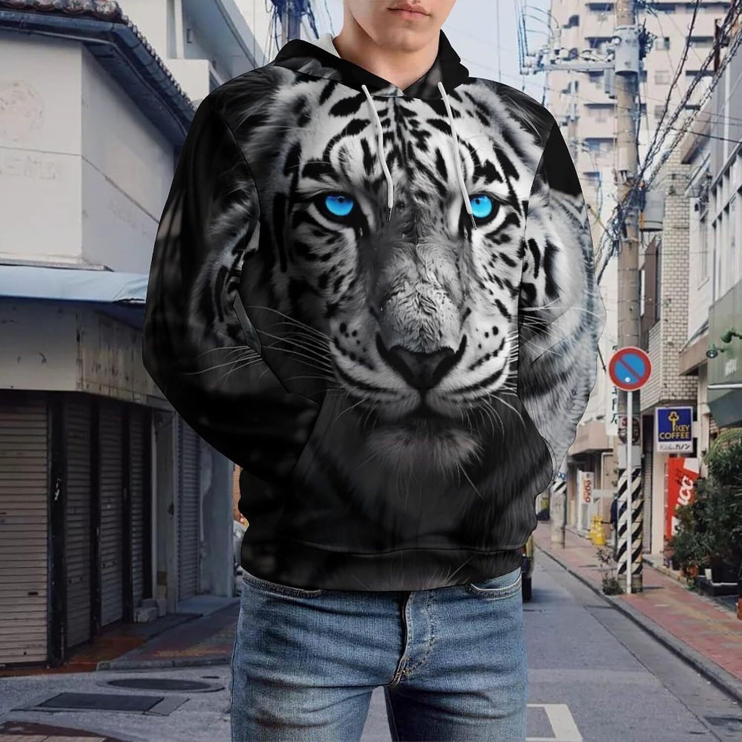 Hoodie for Mens Womens Wild White Tiger Hoodies for Men 3D Print Pullover Hooded Drawstring Loose Sweatshirt with Big Pockets Graphic fashion cool