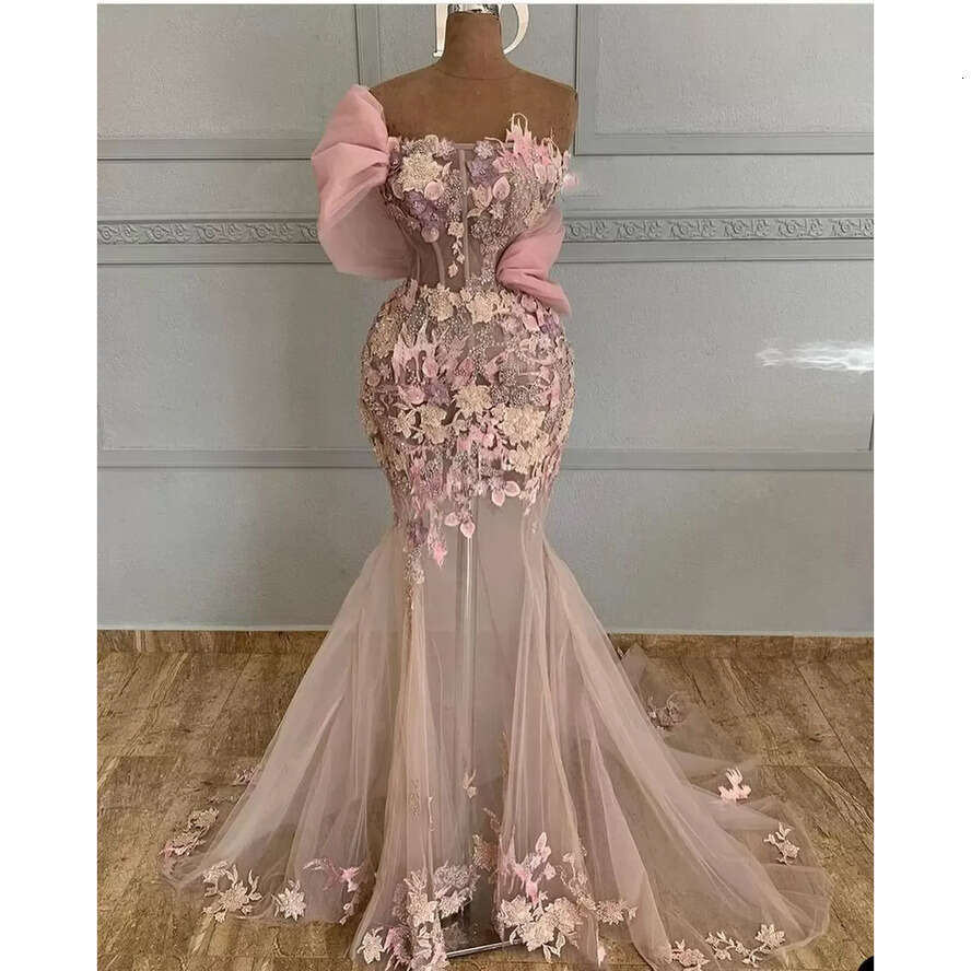 Prom Dresses Pink Mermaid Or Length D Ral Applique Tulle One Shoulder Strap Sexy Illusion Bodice Beaded Crystals Evening Gowns Formal Ocn Wear