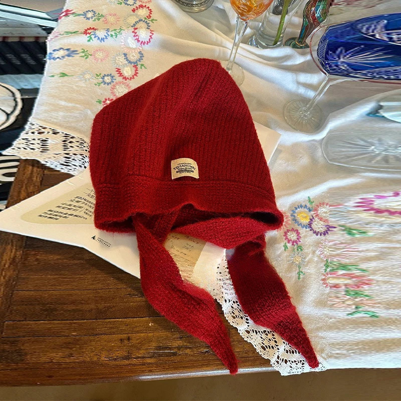 Korean Knitted Beanies Cap Autumn Winter Warm Lady Cute Pleasant Balaclava Bonnet Fashionable Versatile Strap Hooded Hat 241105