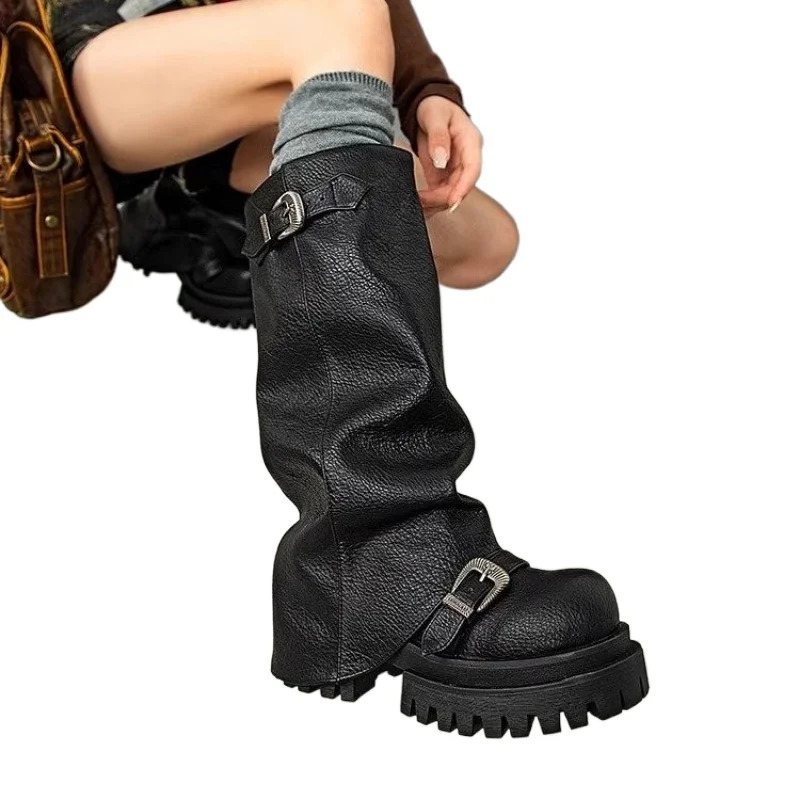 2024 Brand Ladies Shoes Slip-on Women's Boots Fashion Belt Buckle Modern Boots Women Winter Round Toe Platform Knee-High Boots