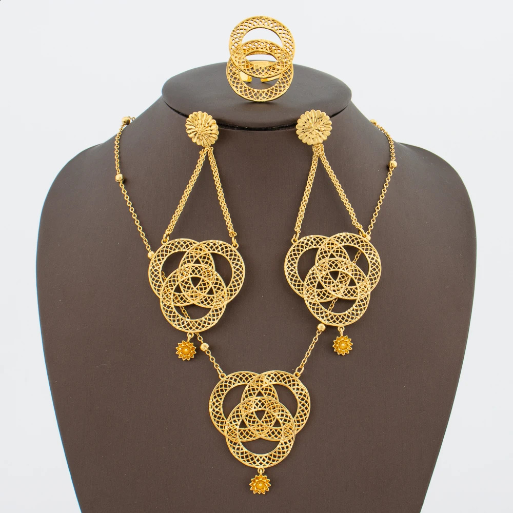 African Jewelry Set for Women Gold Plated Earrings and Pendant Necklace Wedding Party Jewellery Tassel Earrings and Necklace Set 241105
