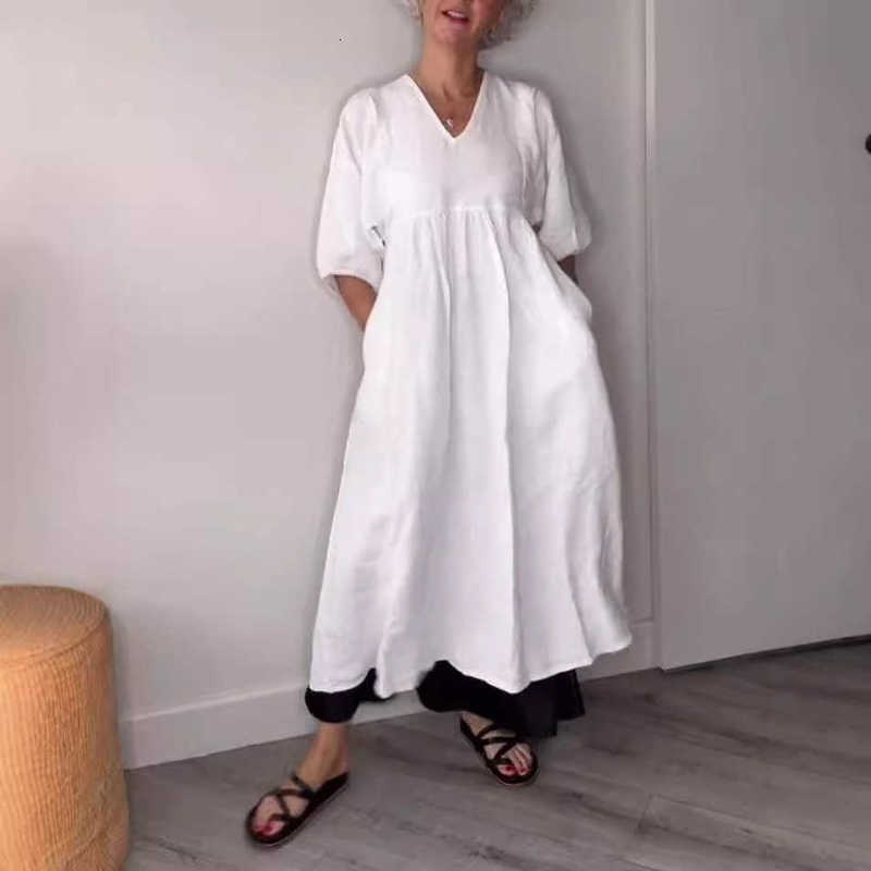Women Dresses Autumn women's cotton linen deep V-neck pleated solid color casual pocket dress