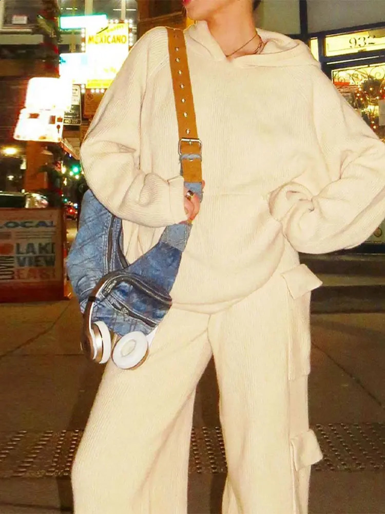 Casual Pants Sets Women Solid Hoodies Knit Long Sleeve Sweatshirts High Waist Pockets Pant Female Suit 2024 Autumn Lady Outfits 241105