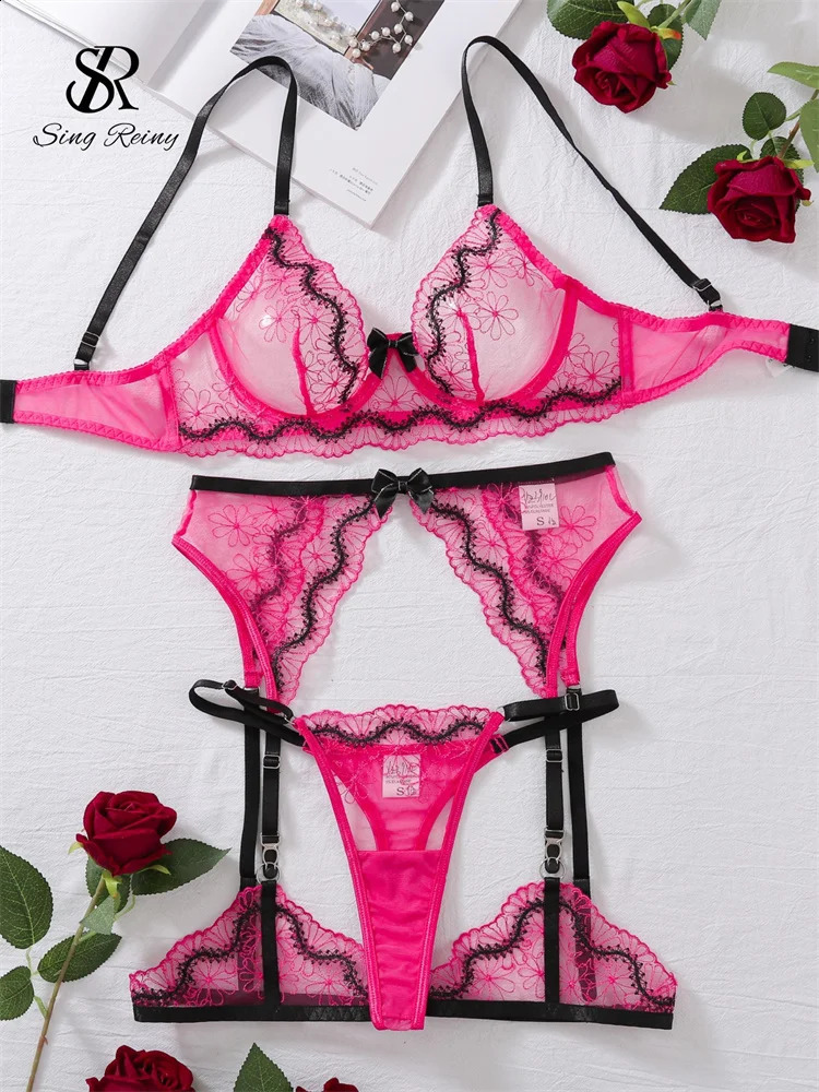 SINGREINY Fashion Embroidery Porno Bra Suits Ladies Transparent Garter Sheath Sleepwear Women Sheer Club Slim Underwear Sets 241105