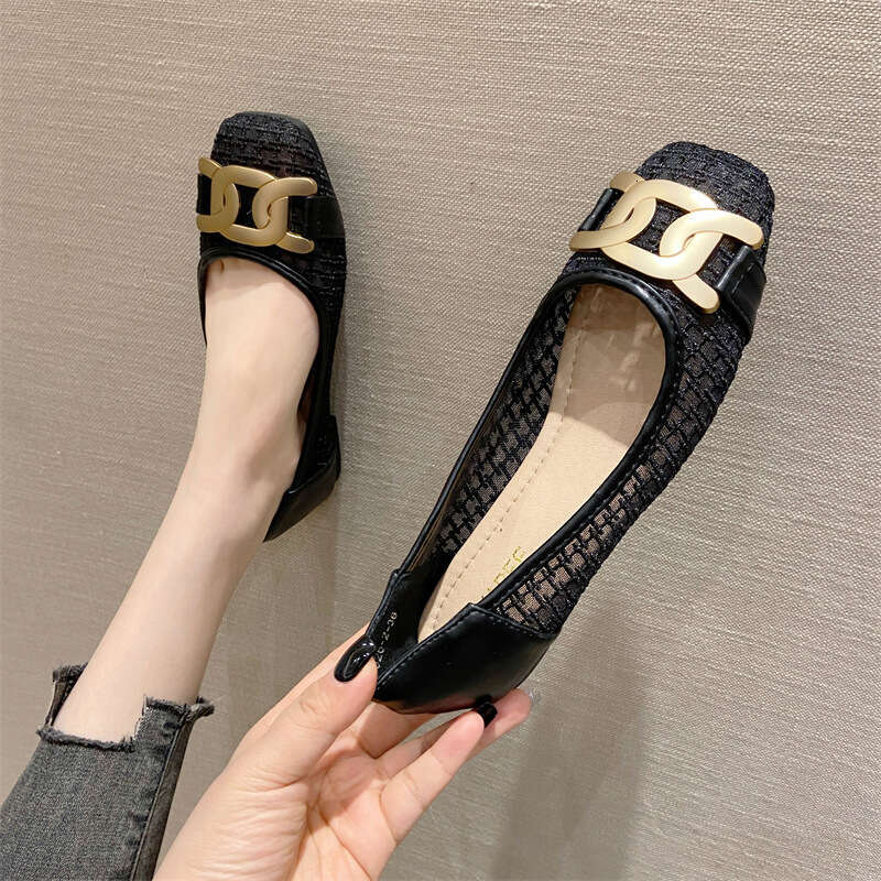 2023 Spring/Summer New Breathable Mesh Square Head Shallow Mouth Flat Single Soft Bottom Versatile Fashion Scoop Shoes For Women
