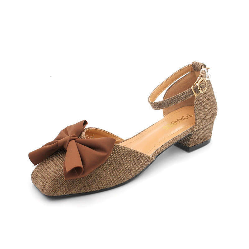2023 New Square Head Versatile High Heels With Buckle, Shallow Mouth Fairy Cloth Face, Medium Low Coarse Heels, Ladies' Single Shoes
