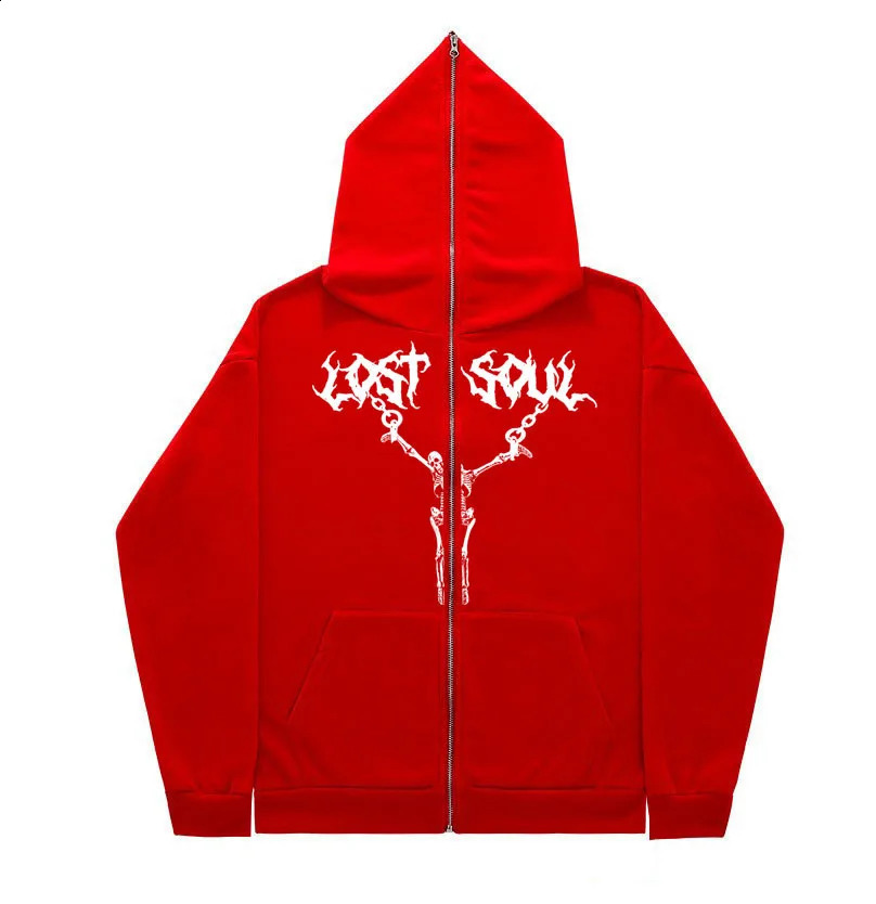 2024 Cross border Full Face Zipper Sweater American Retro Y2K Top Skull Iron Rope Printed Hoodie Coat 241105