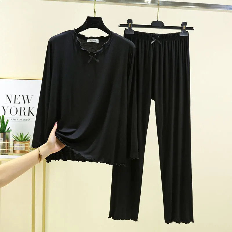 Modal Pajamas suit Spring Autumn Loose Large Size Casual Home Service Long-sleeved Nine-point pants 2-piece Womens Pajamas 241105