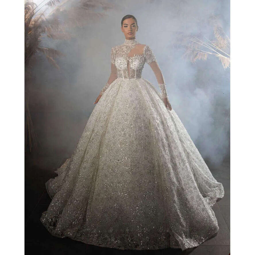 Wedding Illusion Dress Ball Gown High Neck Crystal Sequined Long Sleeve Or Length Princess Bride Vestido De Noiva Custom Made