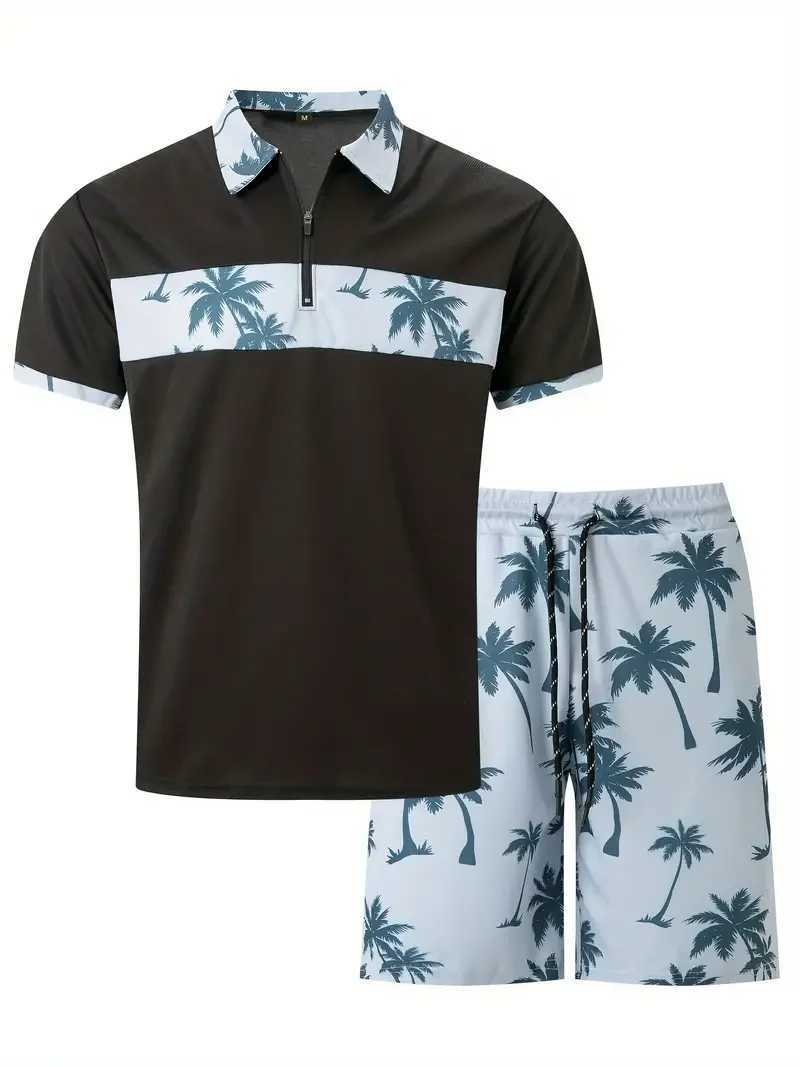 Mens 3D printed coconut Tr fragment pattern zipper shirt+shorts 2-piece unisex fashionable casual simple style clothing W241104