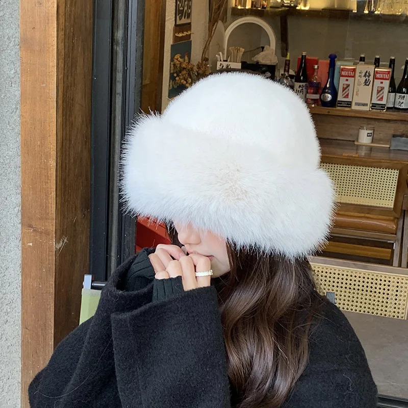 Women Fluffy Fur Fisherman Hat Winter Solid Plush Ear Protection Beanies Windproof Warm Headgear Fashion Female Panama Caps 241105