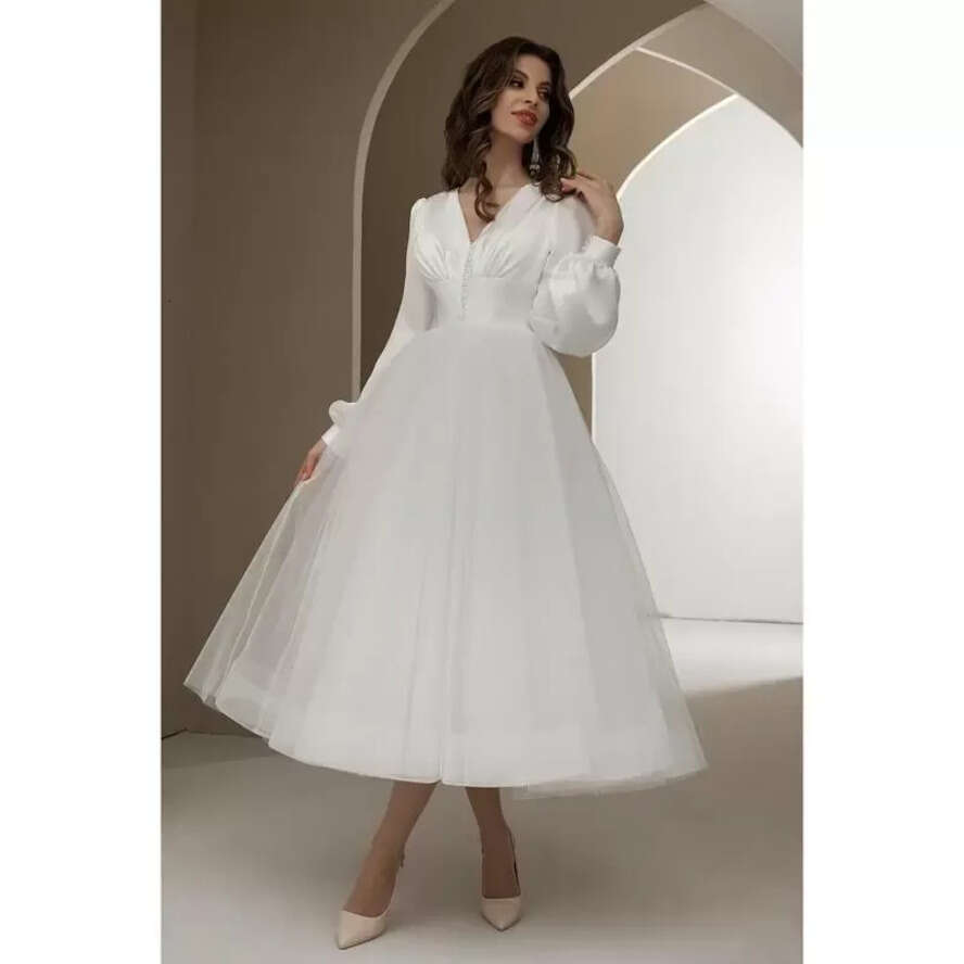 Poet Sleeves Long Wedding Dresses Simple Boho Beach Bridal Gown Satin Tea Length V Neck Custom Made Plus Size Vestidos De Novia Estidos