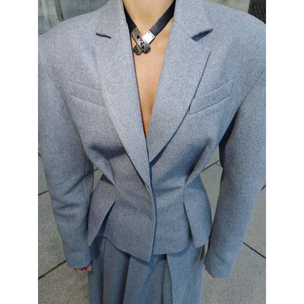 Elegant gray pleated A-E long skirt women's designer set chic stand up collar pocket button jacket set women's autumn commuting streetwear