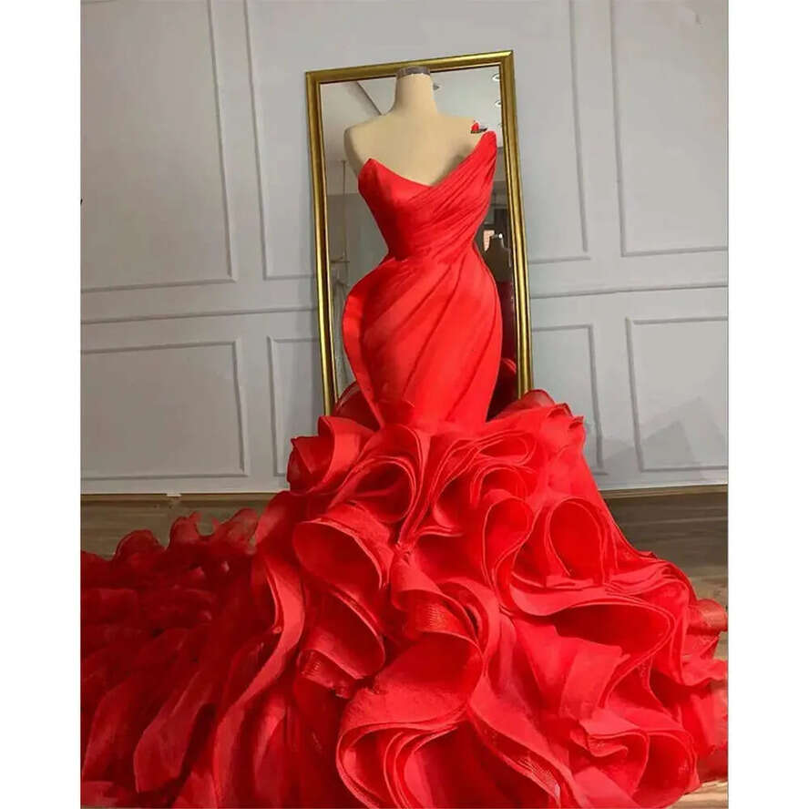 Image Mermaid Red Wedding Dresses Real Black Gothic Lace-Up Corset Back Cascading Ruffles Train Organza Princess Bridal Gowns