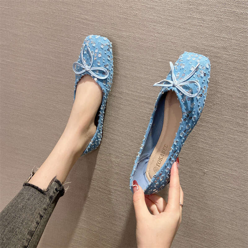 Xiaoxiangfeng French Soft Sole Single Shoe For Women's Spring And Summer Fashion, Crystal Sequin Fabric Versatile Butterfly Bow Flat Bottomed Sco