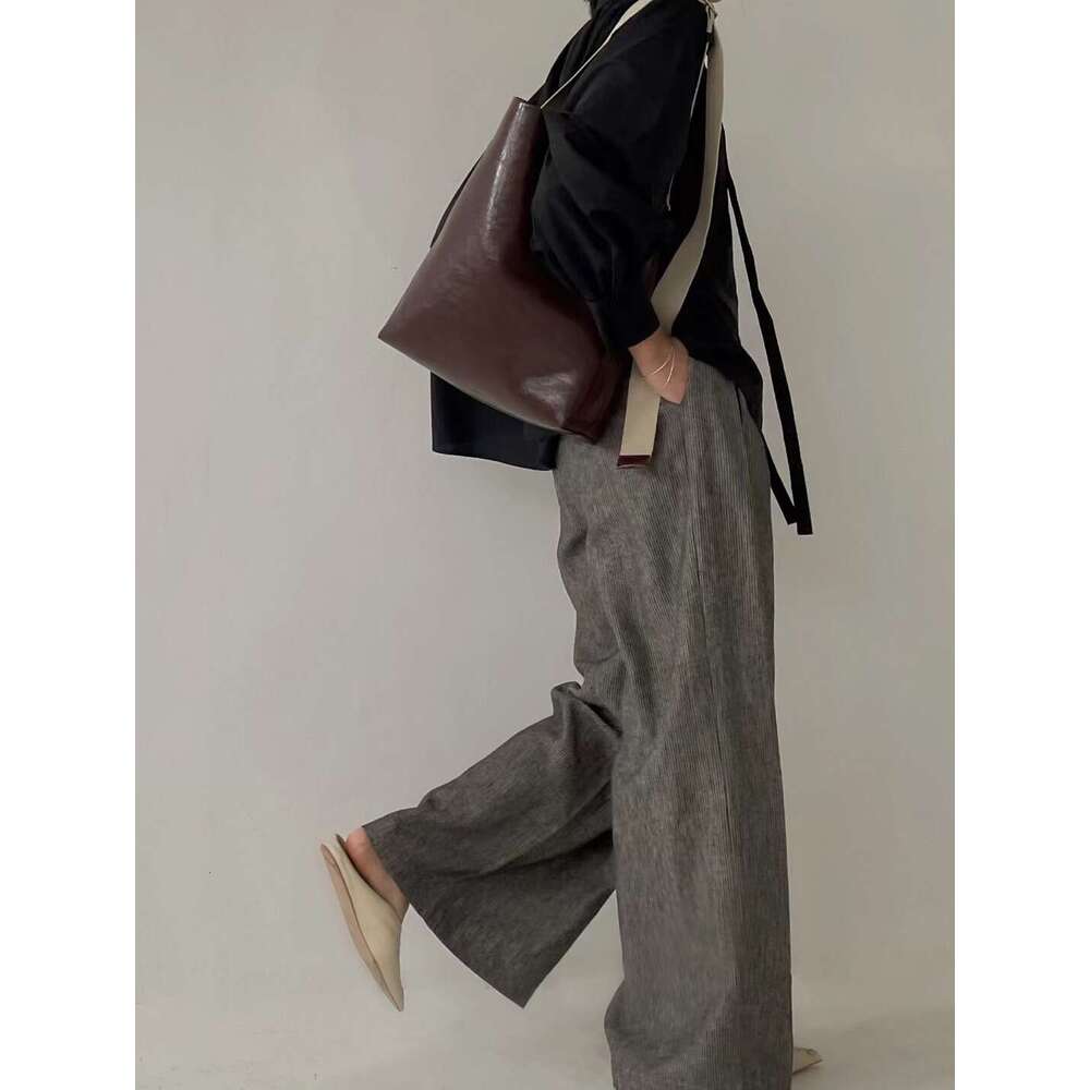 FIRMRANCH Cool Lazy Style Women's Large Capacity Top Coat Oil Wax Cowhide Contrast One Shoulder Tote Oblique Cross Bucket Bag