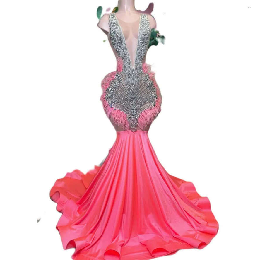 Ebi Aso Pink Arabic Mermaid Prom Dress Crystals Beaded Feather Evening Formal Party Second Reception Birthday Engagement Gowns Dresses Robe De Soiree 