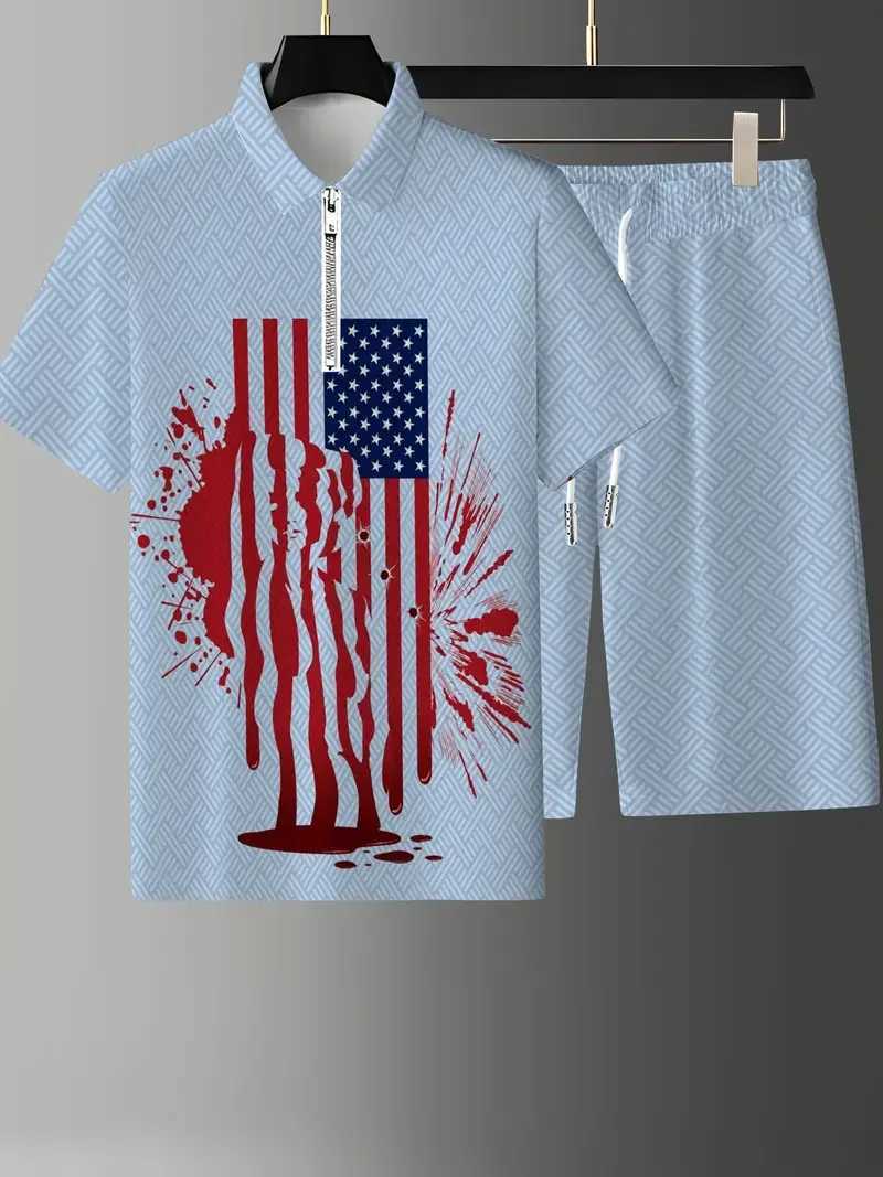Zipper set summer mens 3D printed Australian flag pattern zipper shirt+shorts 2-piece unisex fashionable casual jacket W241104