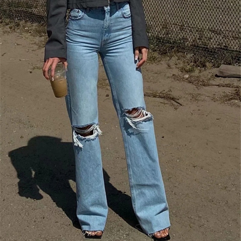 Europe And America Fashion Street Trend High-Waisted Women Casual Wide Leg Full Length Denim Pants Hole Baggy Jeans